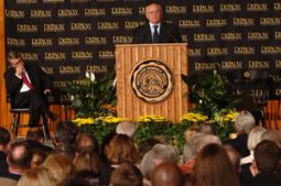 Mikhail Gorbachev speaking to the crowd with Bob Bottoms looking on