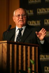 Closeup of Mikhail Gorbachev behind the lectern
