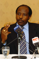 Paul Rusesabagina speaking during a press conference