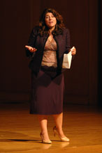 Naomi Wolf on stage delivering an Ubben Lecture