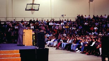 Jesse Jackson speaking to the crowded Lilly Center