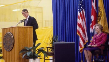 President Bottoms introducing Margaret Thatcher in the Lilly Center