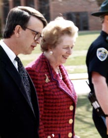 Margaret Thatcher walking with President Bottoms