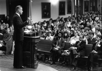 Zbigniew Brzezinski speaking to the crowd at DePauw