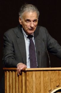 Closeup of Ralph Nader behind the lectern