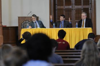 David Plouffe at a student forum moderated by Bruce Stinebrickner and David Bohmer