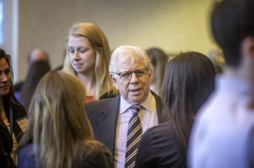 Carl Bernstein walking amongst students