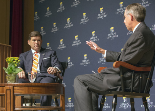 Close photo of Jeff McCall talking with Bret Baier