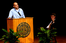 Eric Schlosser delivering an Ubben Lecture with Bob Bottoms looking on