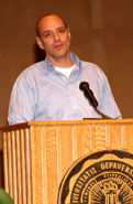 Eric Schlosser behind a lecturn during an Ubben Lecture