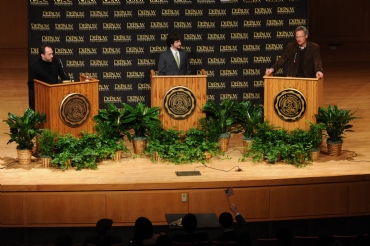 Jimmy Wales and Nicholas Carr on stage with moderator Dan Gurnon